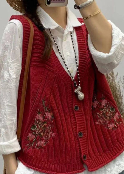 Green V Neck Embroidered Knit Vest Fall