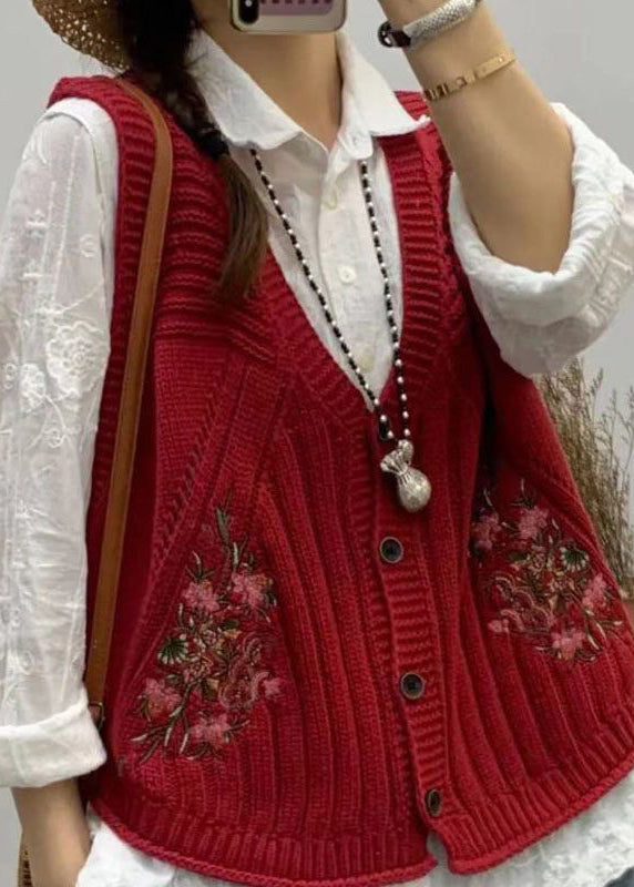 Green V Neck Embroidered Knit Vest Fall
