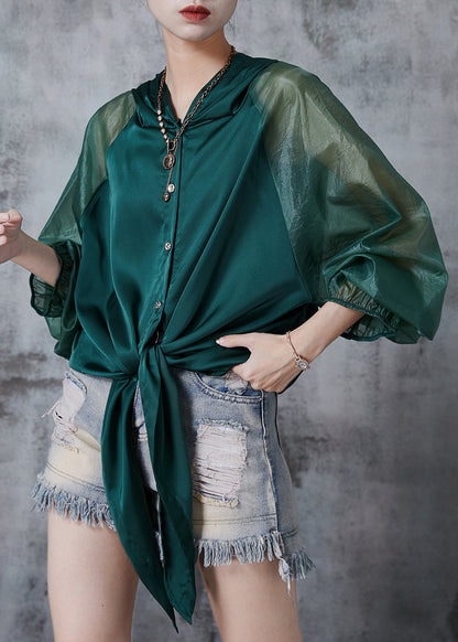 Peacock Green Hooded Patchwork Silk Blouse Tops Fall