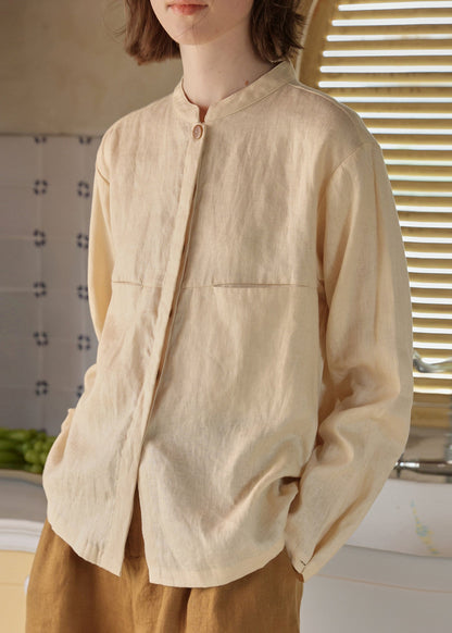 Chinese Style Apricot Stand Collar Linen Shirts Spring