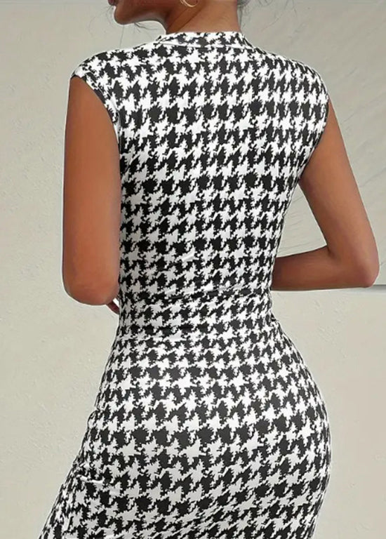 Fitted White O Neck Plaid Cotton Mid Dress Sleeveless