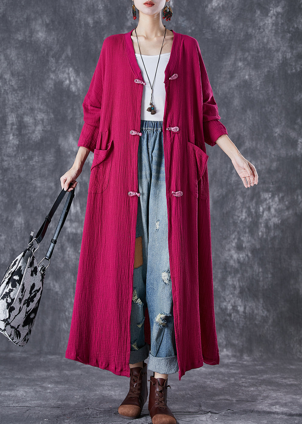 Rose Chinese Button Wrinkled Linen Long Cardigan Fall