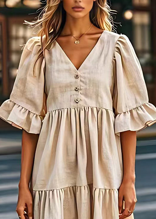 Beige V Neck Wrinkled Patchwork Linen Dresses Summer