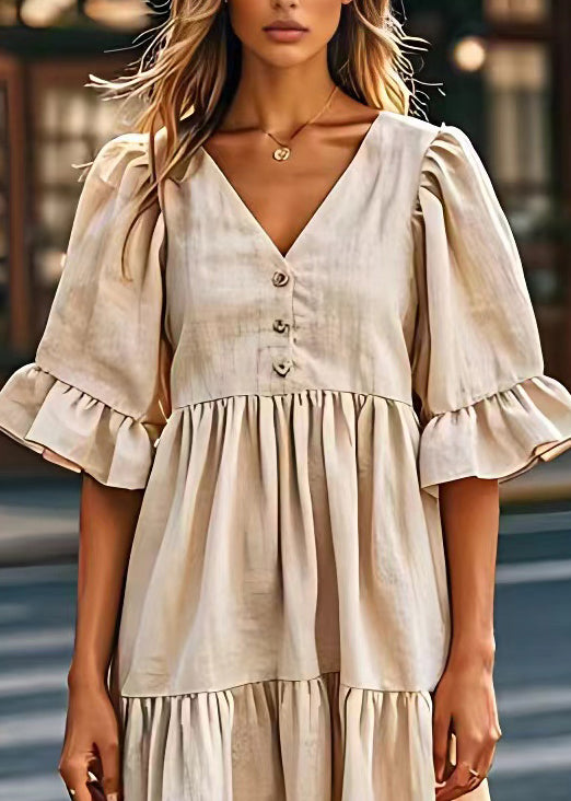 Beige V Neck Wrinkled Patchwork Linen Dresses Summer