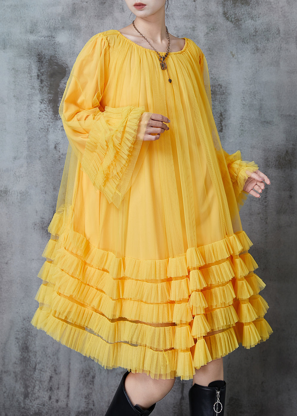 Yellow Oversized Ruffled Tulle Maxi Dresses Fall