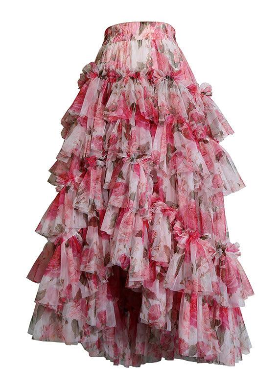 Red Asymmetrical Print Chiffon Skirt Spring