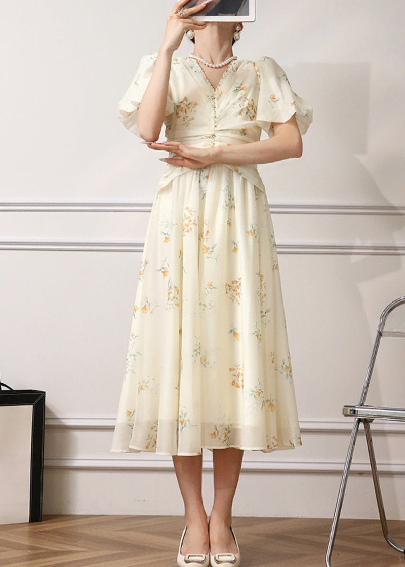 Apricot Print High Waist Chiffon Dress Summer