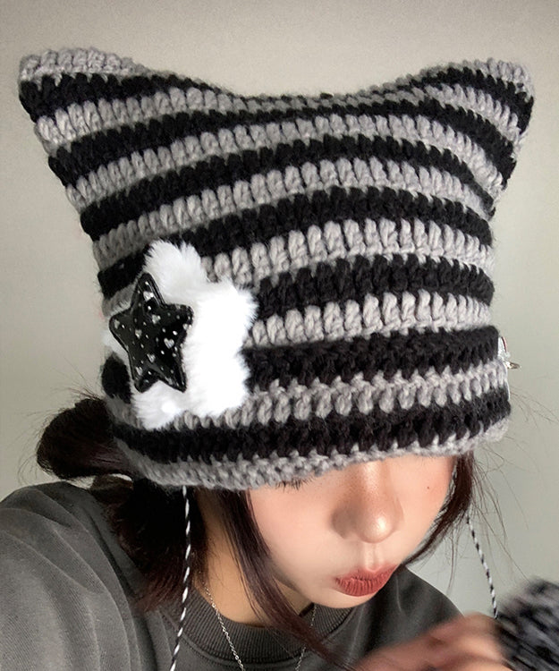 Striped Knitted Cat Ear Boonie Hat Autumn and Winter