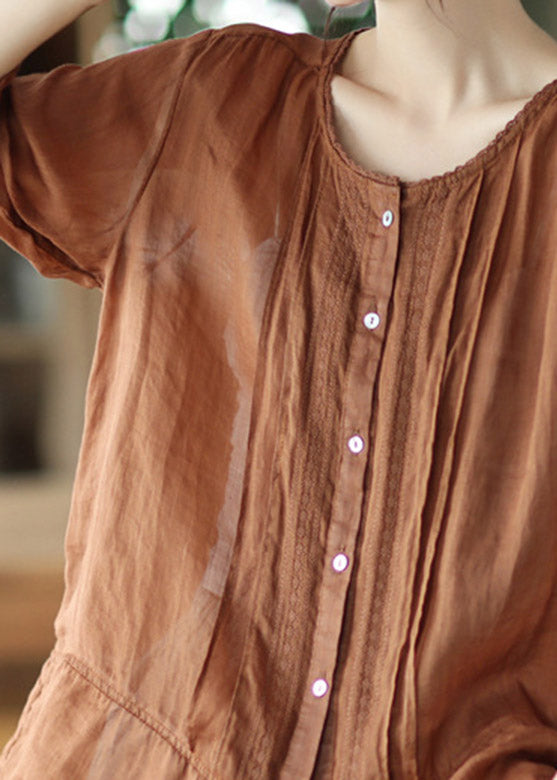 Loose Caramel O-neck Embroidered Patchwork Linen Shirt Half Sleeve