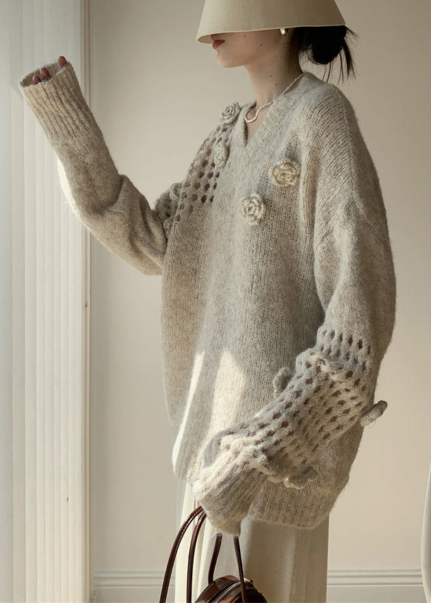 Apricot V Neck Hollow Out Cotton Knit Sweater Winter