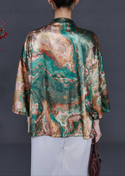 Stand Collar Print Silk Shirt Bracelet Sleeve