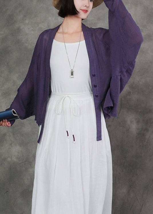 New Original Purple V Neck Linen Cardigan Bat Sleeves