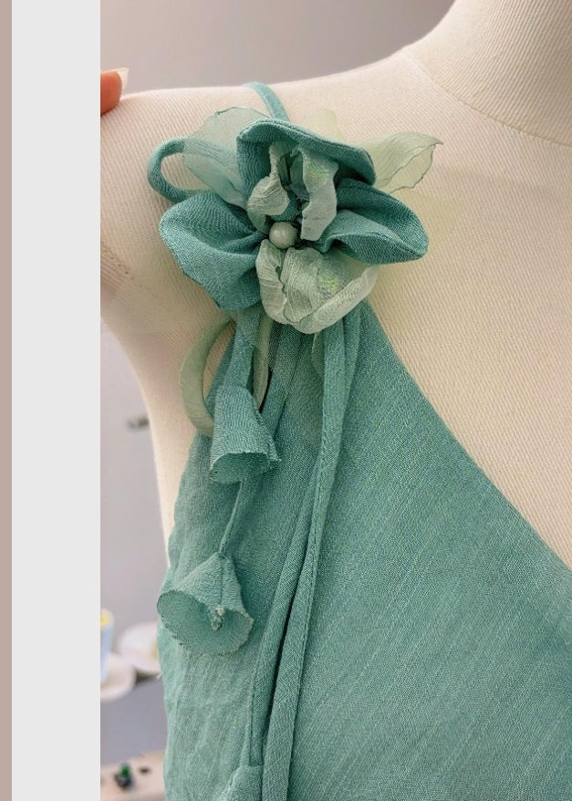 Green Asymmetrical Lace Up Cotton Long Dress Sleeveless