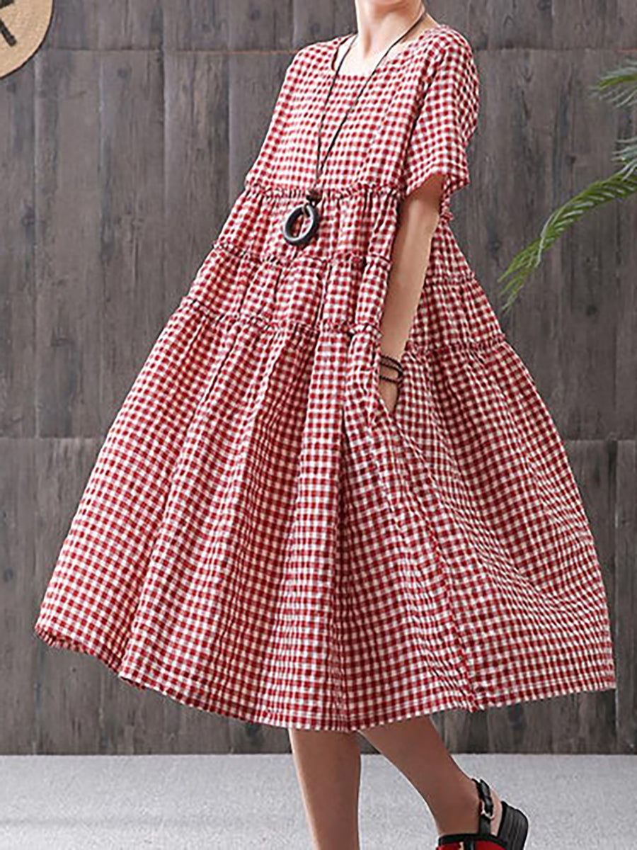 100%cotton Short Sleeve Plaid Dress