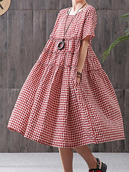 100%cotton Short Sleeve Plaid Dress