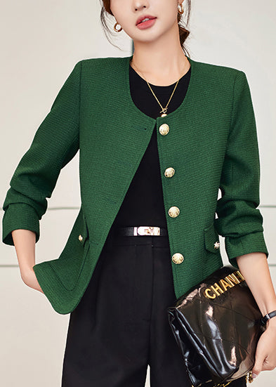 Dark Green O-neck Golden Buttons Cotton Coats Spring