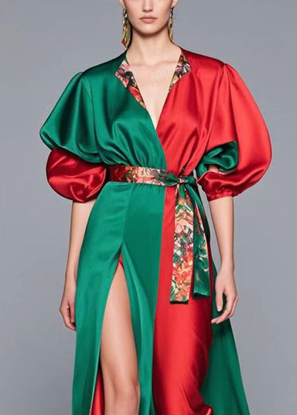 Colorblock Cinched Patchwork Side Open Silk Full Dress Summer
