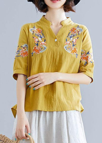 Yellow Embroidery Linen Cotton Blouse Sewing V Neck Summer Top
