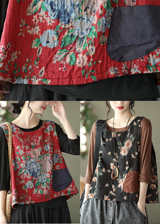 Unique Black O-neck Print Linen Vest Sleeveless