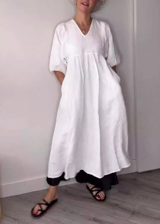 Brief White V Neck Patchwork Pockets Holiday Long Dress Half Sleeve