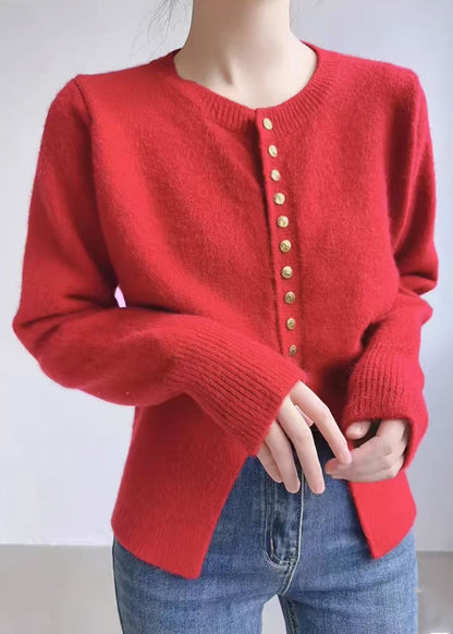 Red O Neck Button Knit Coats Spring