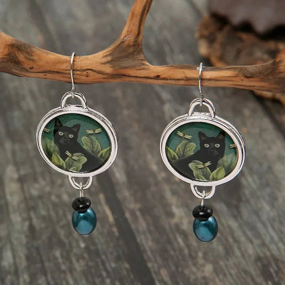 Tropical Black Cat Dangle Earrings