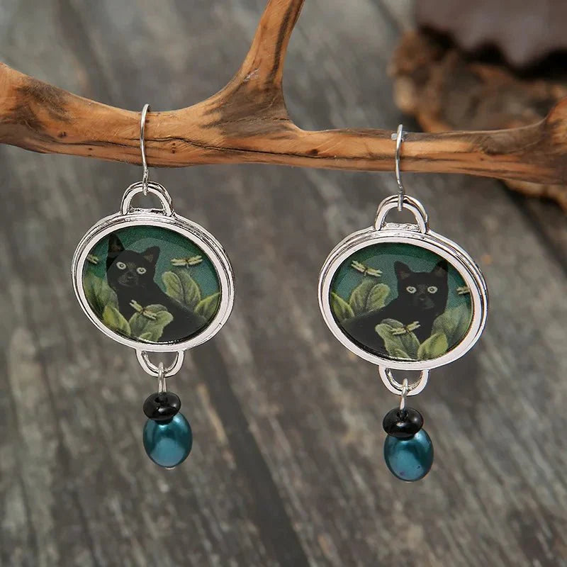 Tropical Black Cat Dangle Earrings