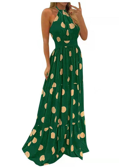 Black Dot Print Wrinkled Cotton Maxi Dresses Sleeveless