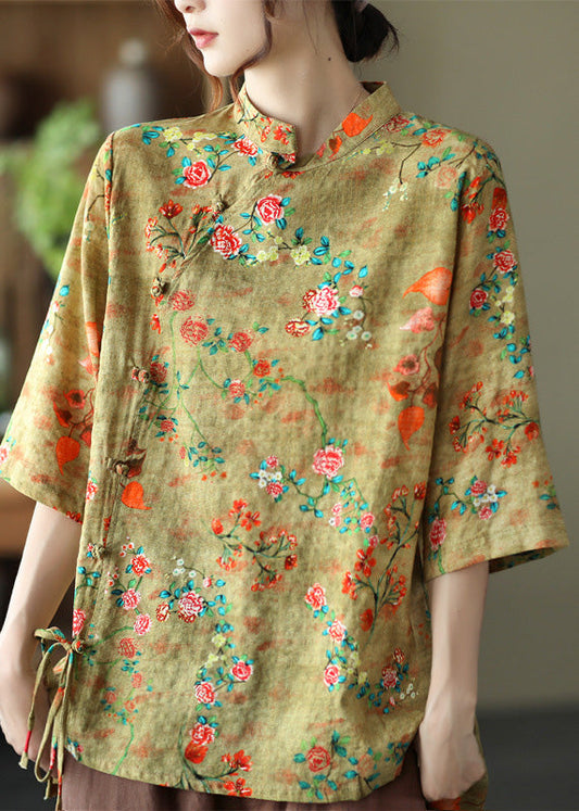 Yellow Print Tie Waist Shirts Half Sleeve