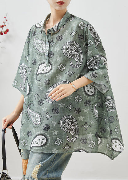 Grey Oversized Print Cotton Shirt Top Summer