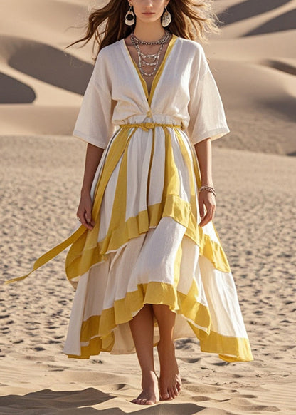 White V Neck Patchwork Exra Large Hem Cotton Dress Summer
