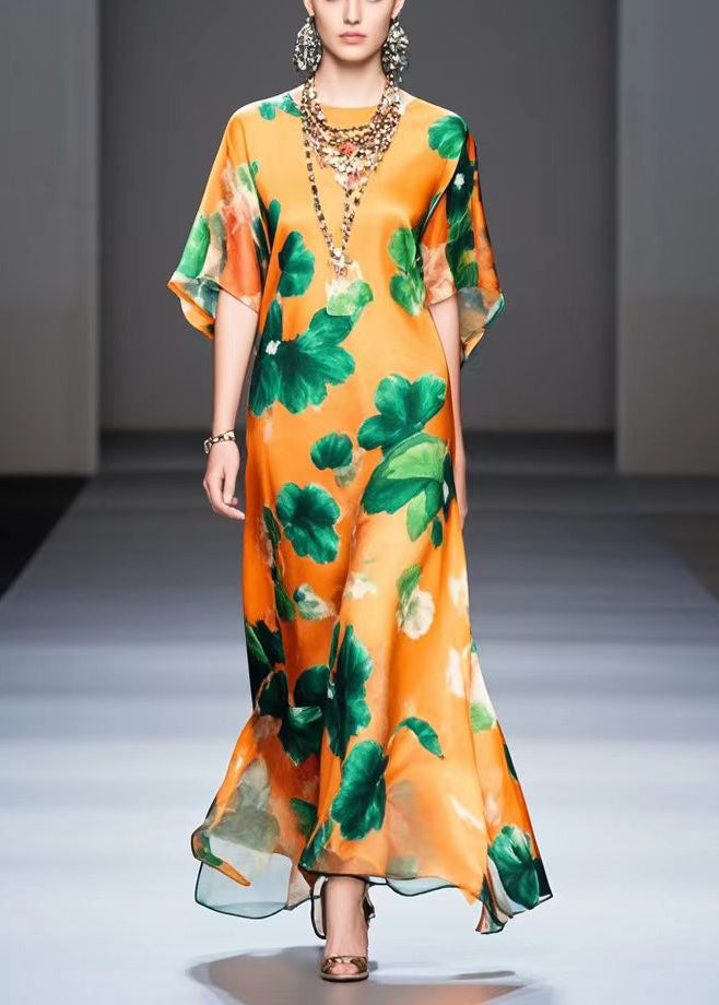 Orange Oversized Print Silk Maxi Dress Summer