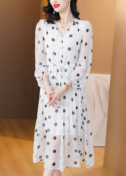 White V Neck Print Drawstring Chiffon Dress Lantern Sleeve