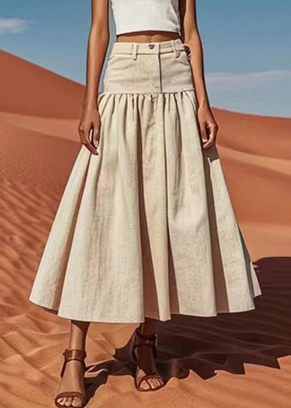 Khaki High Waist Patchwork Linen Skirts Summer
