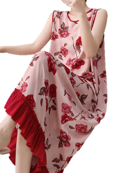 Red O-neck Print Long Dresses Summer