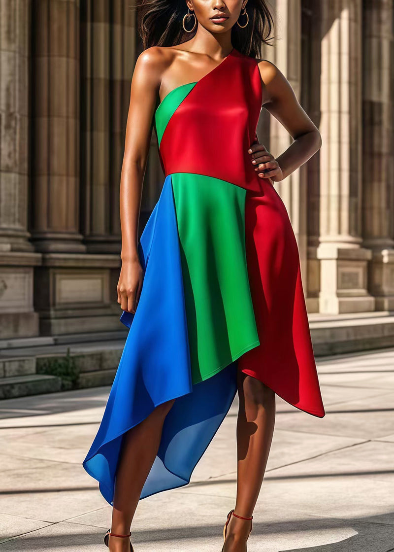 Colorblock One Shoulder Patchwork Silk Party Dress Summer