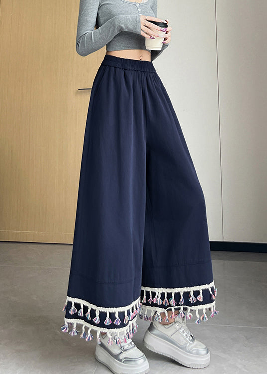 Navy Tasseled Cotton Wide Leg Pants Trousers Fall