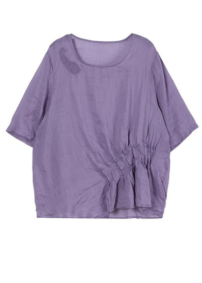 Light Purple Asymmetrical Design Cotton Linen Shirts Summer
