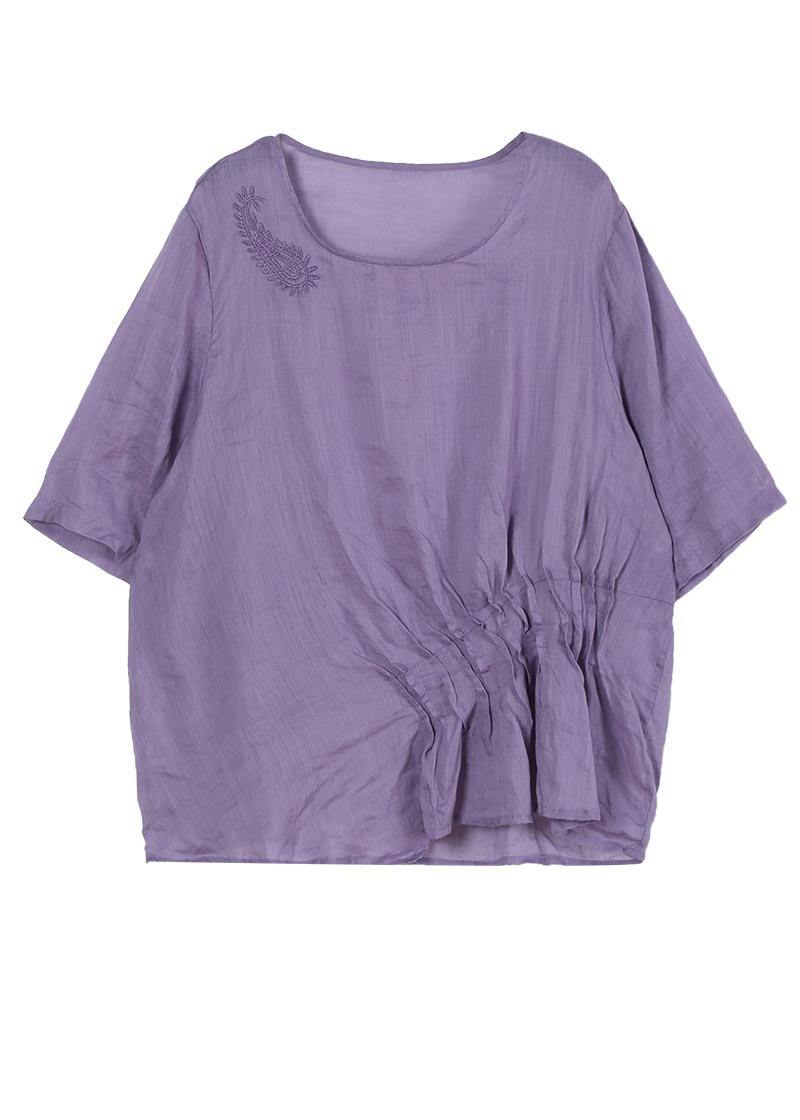 Light Purple Asymmetrical Design Cotton Linen Shirts Summer