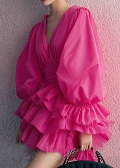 Rose V Neck Cotton Mini Dress Butterfly Sleeve