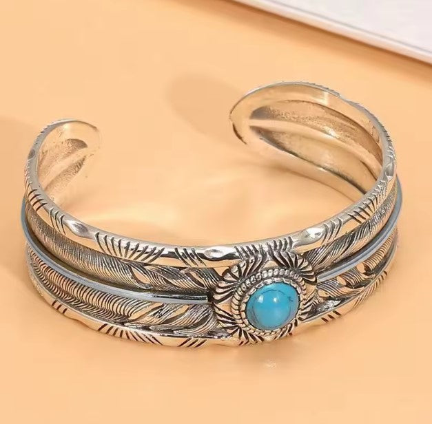 Turquoise Feather Silver Bracelet