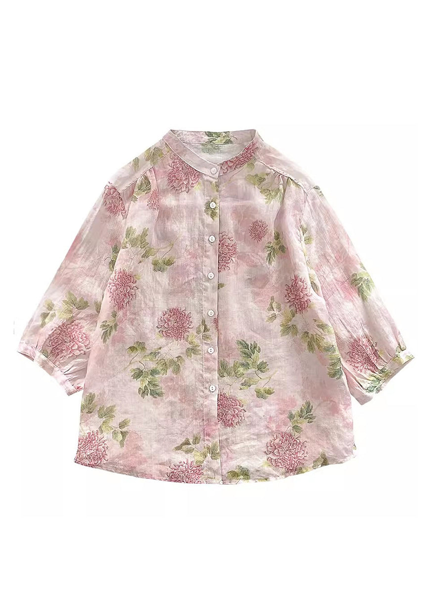 Summer Flower Ramie Button-up Shirt