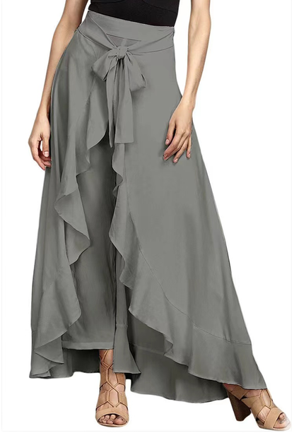 Grey Waist Spliced Ruffle Hem Straight Leg Skirt
