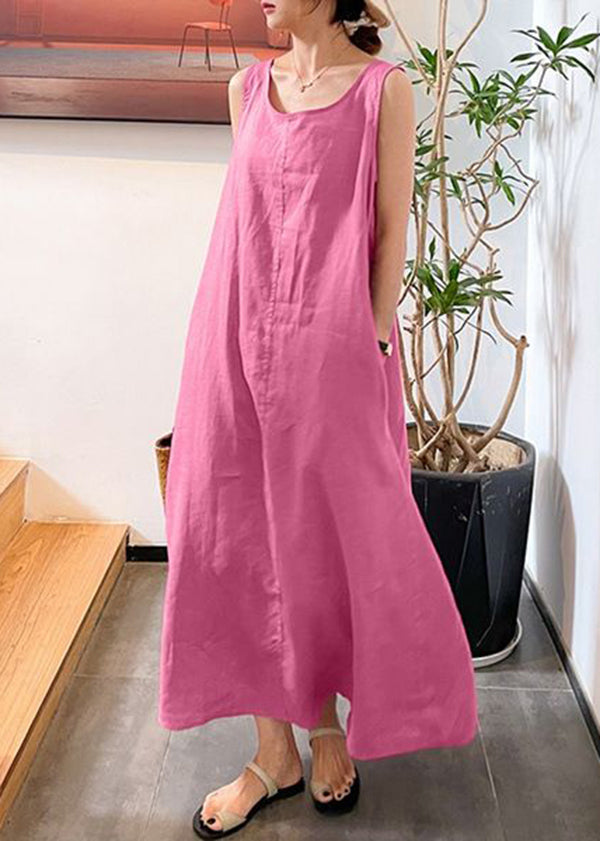 Modern Yellow O-neck Slim Fit Cotton Long Dresses Sleeveless