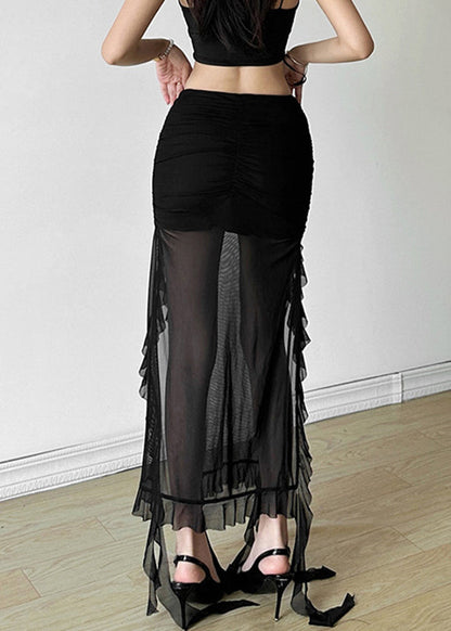 Black High Waisted Wooden Ear Edge Slit Skirt