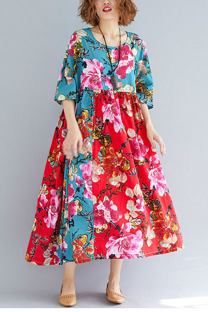 -summer Red Printed Loose Dress