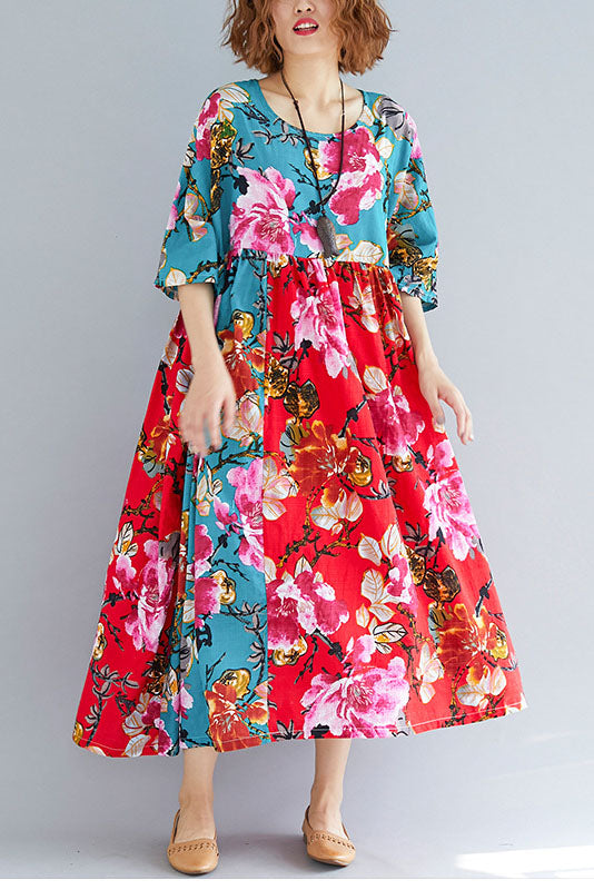 -summer Red Printed Loose Dress