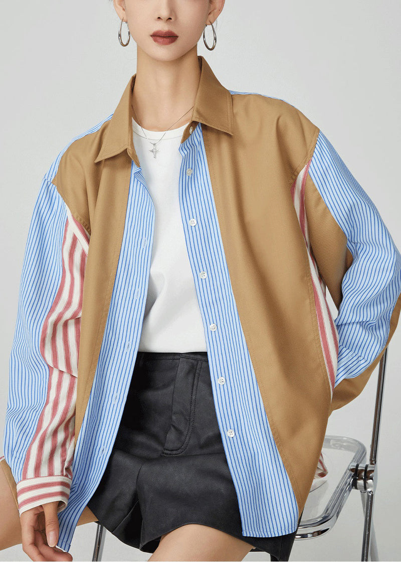 Striped Colorblock Peter Pan Collar Button Cotton Shirt Fall