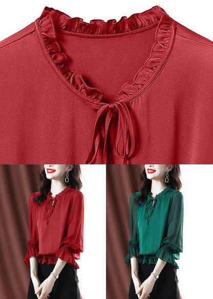 Green Ruffled Lace Up Chiffon Shirt Spring