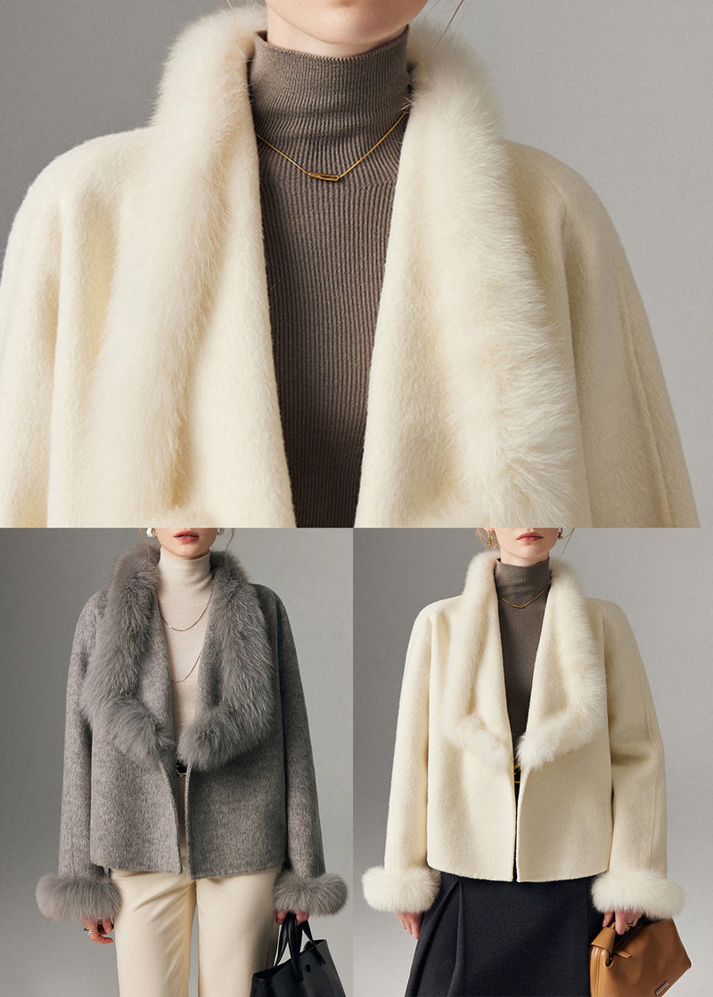 White Peter Pan Collar Patchwork Fox Fur Wool Cardigan Winter